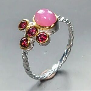 Natural Cabochon Ruby & Rhodolite Garnet 925 Sterling Silver Twist Ring Size 7